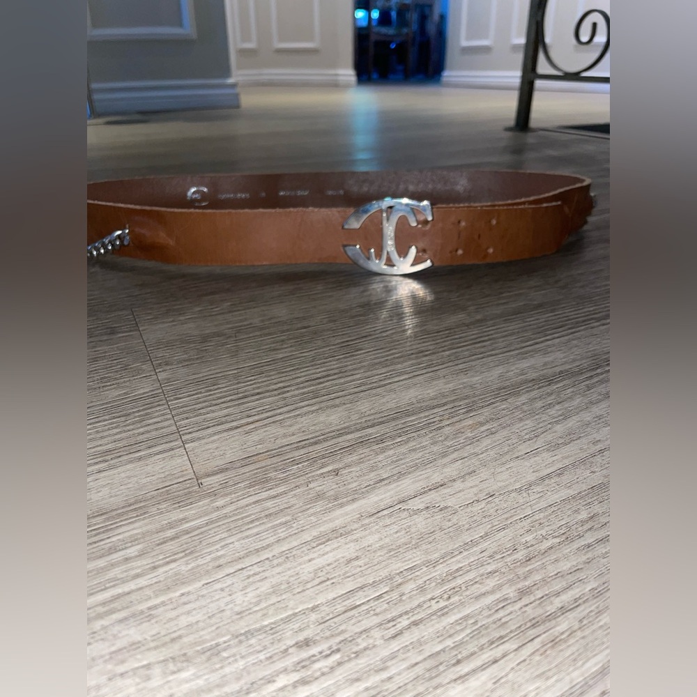 Roberto Cavalli Tan Leather Belt with Silver Logo Buckle